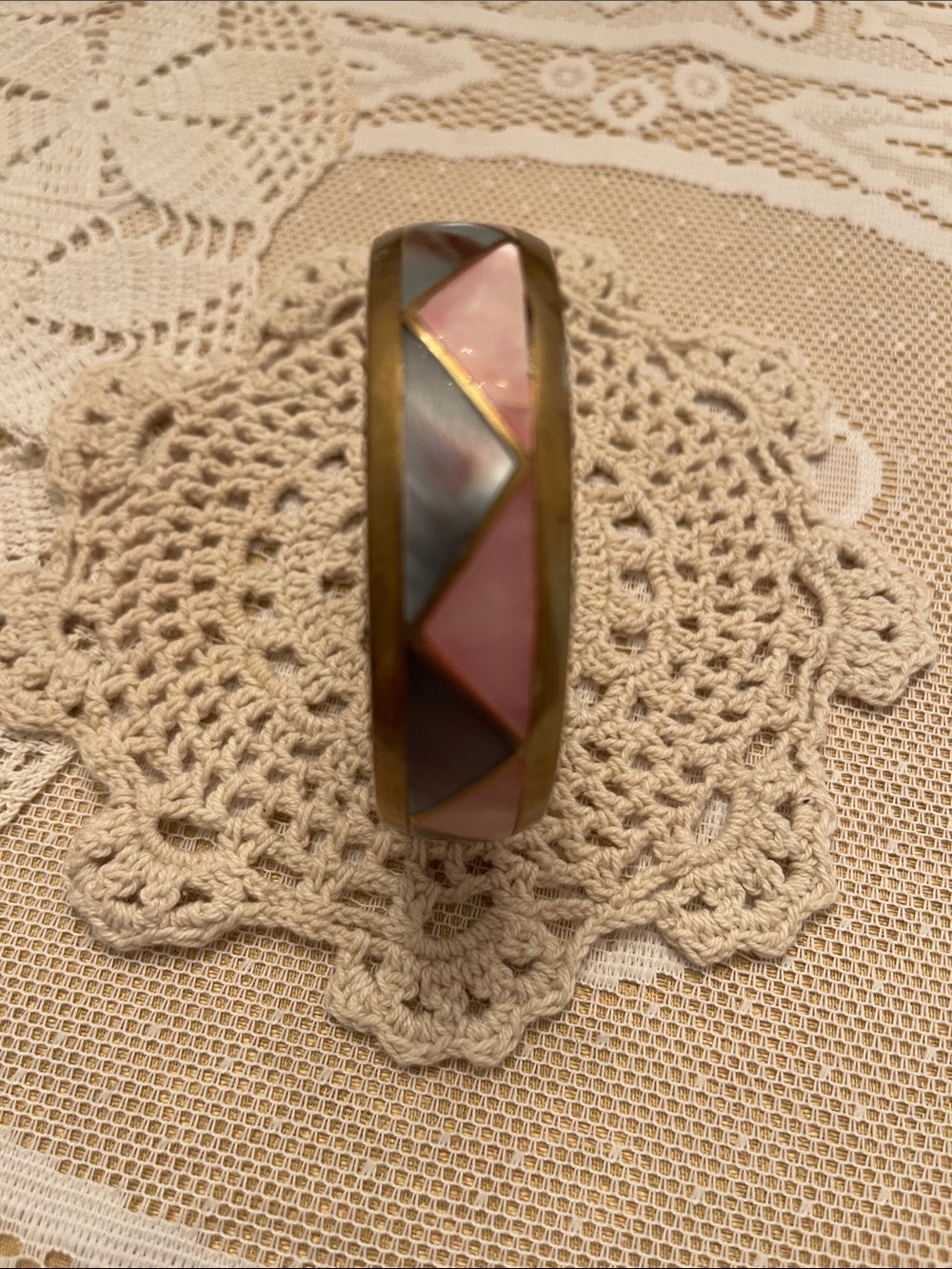 Vintage Pink and Gray Mother of Pearl Bangle Bracelet with Gold-Tone Trim